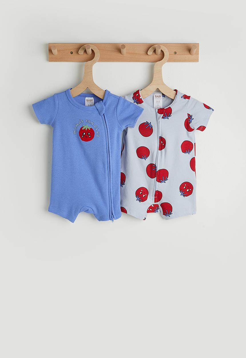 Cotton On - 2 Pack The Short Sleeve Zip Romper - Ice Blue/Tomato Smile