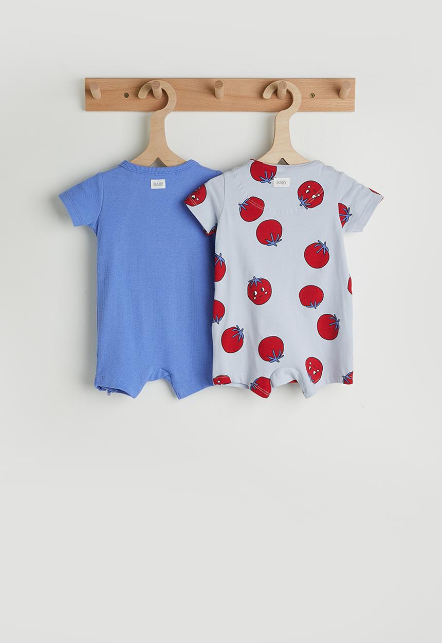 Cotton On - 2 Pack The Short Sleeve Zip Romper - Ice Blue/Tomato Smile