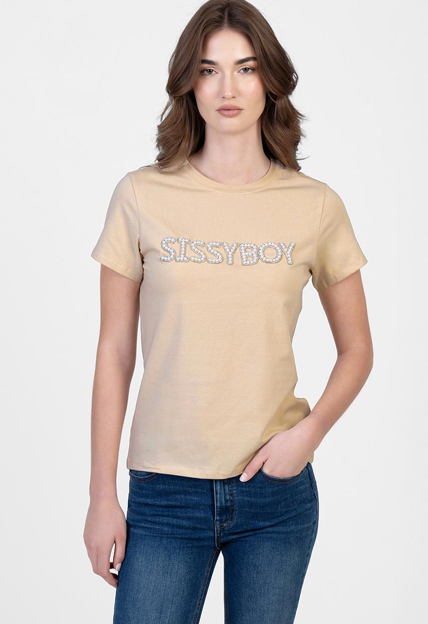 SISSY BOY - Rumours: Regular Fit Pearl And Bling Logo Top - Stone
