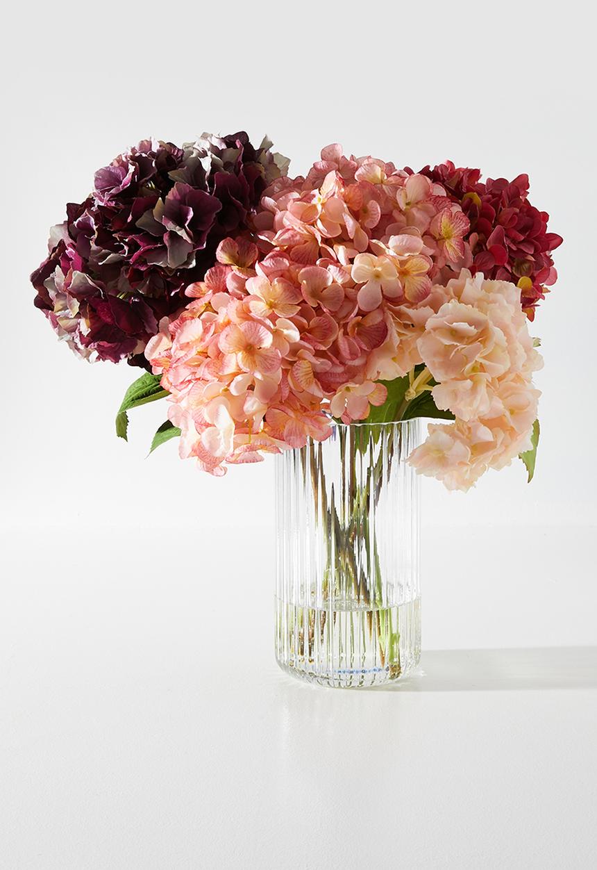 Silk By Design - Mixed Hydrangea In Ribbed Vase - clear
