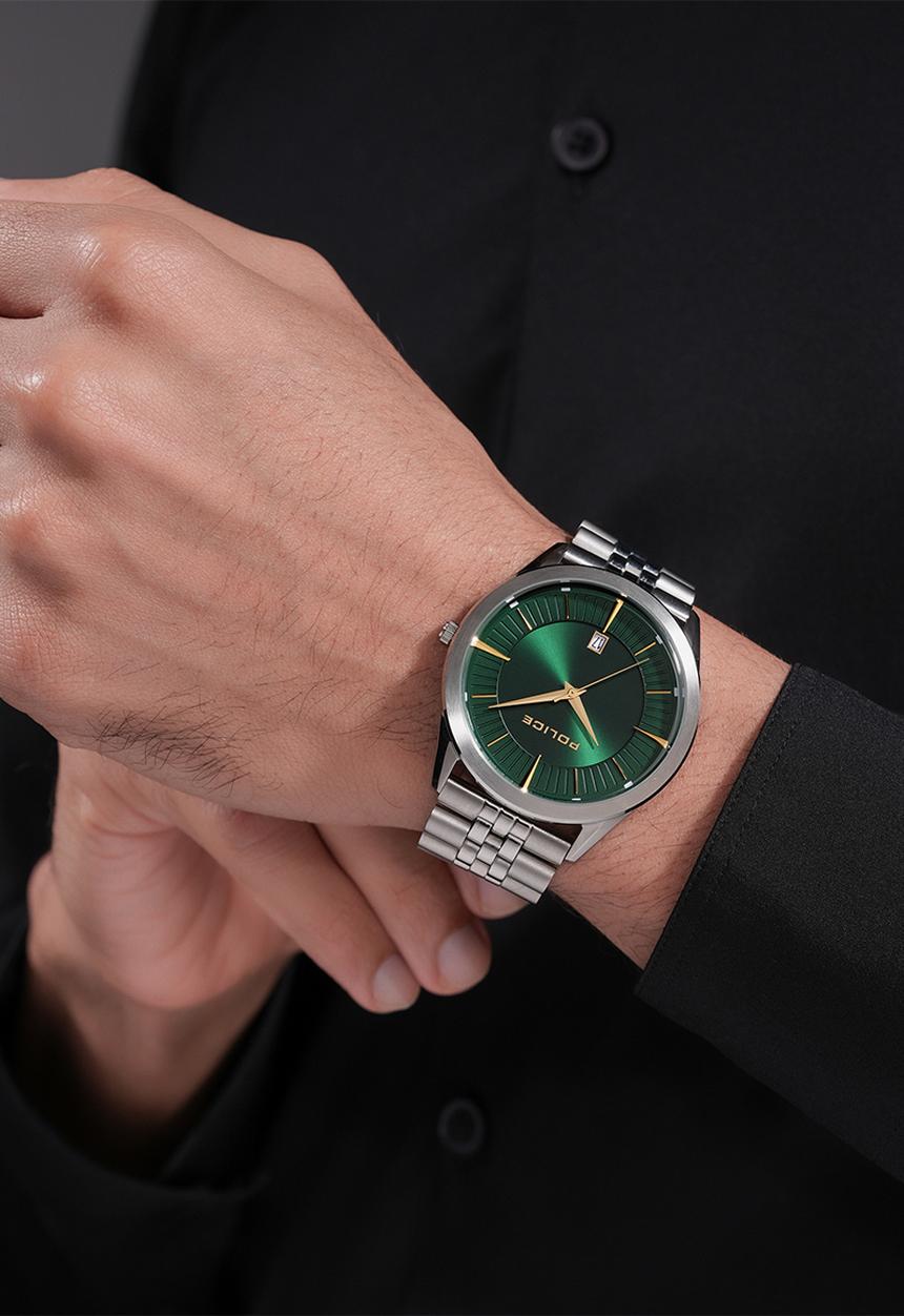 Police - Steel Case Green Dial Steel Strap - Silver/Green