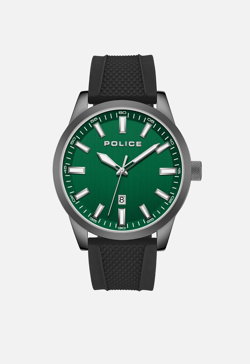 Police - IP Gun Case Green Dial Silicone Strap - Gunmetal