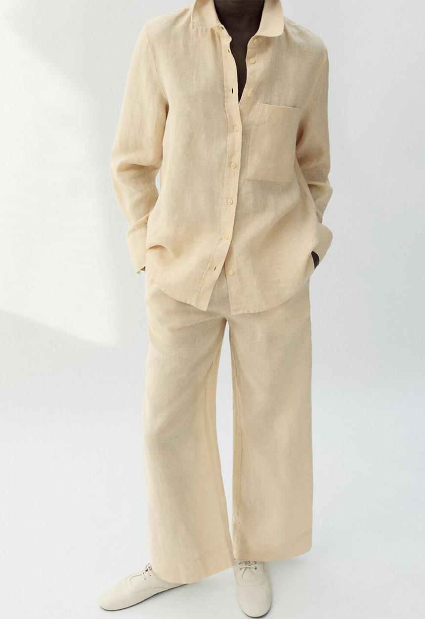 MANGO - Trousers lino - light/pastel yellow