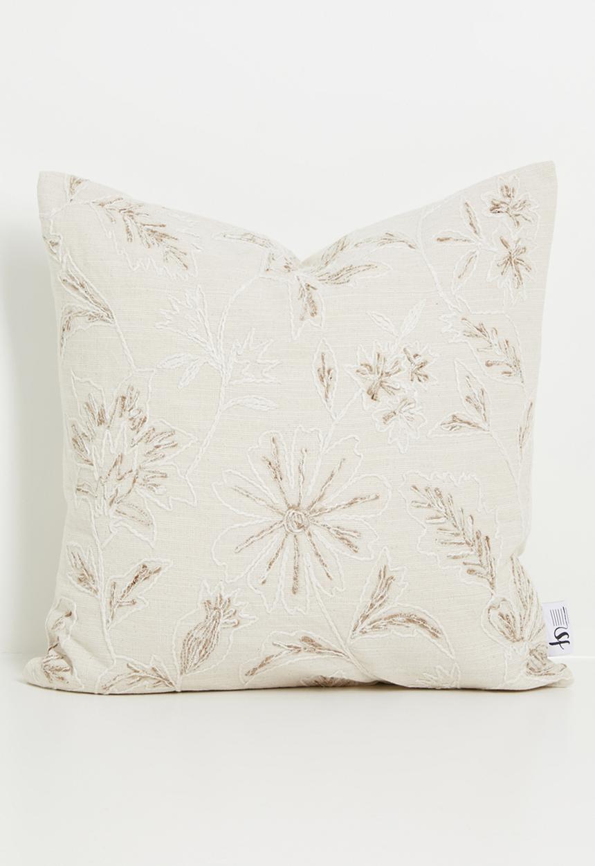 Sixth Floor - Cotton Embroidered Floral Cushion Cover - Natural