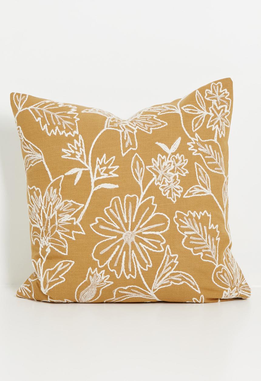 Sixth Floor - Cotton Embroidered Floral Cushion Cover - Mustard