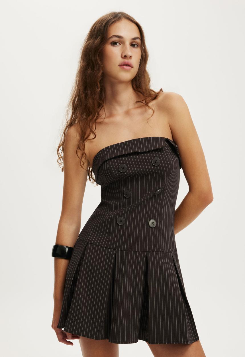 Cotton On - Strapless Suiting Mini Dress - Bonnie Pinstripe Dark Oak
