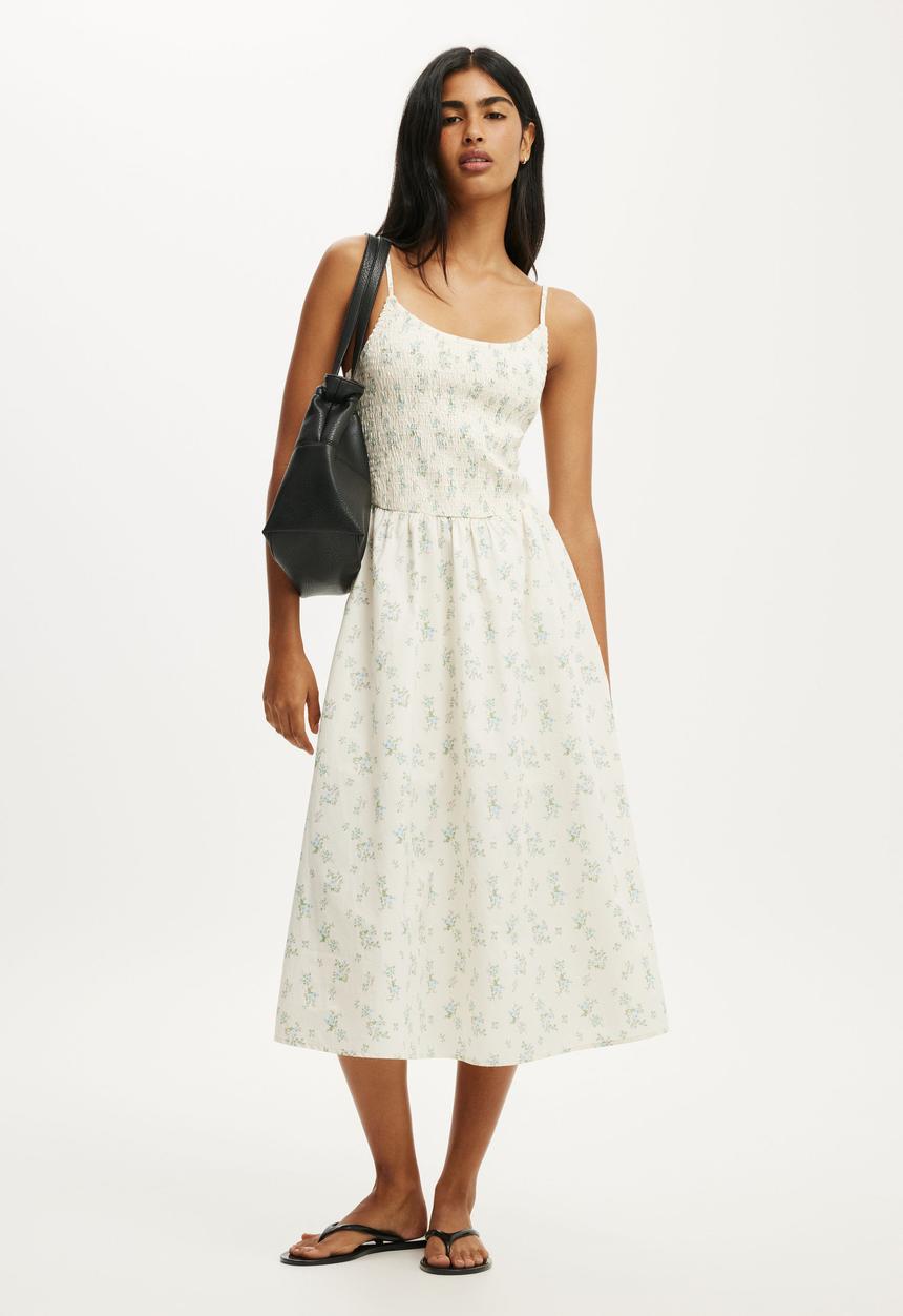 Cotton On - Remy Shirred Midi Dress - Maya Stripe Seaside Blue