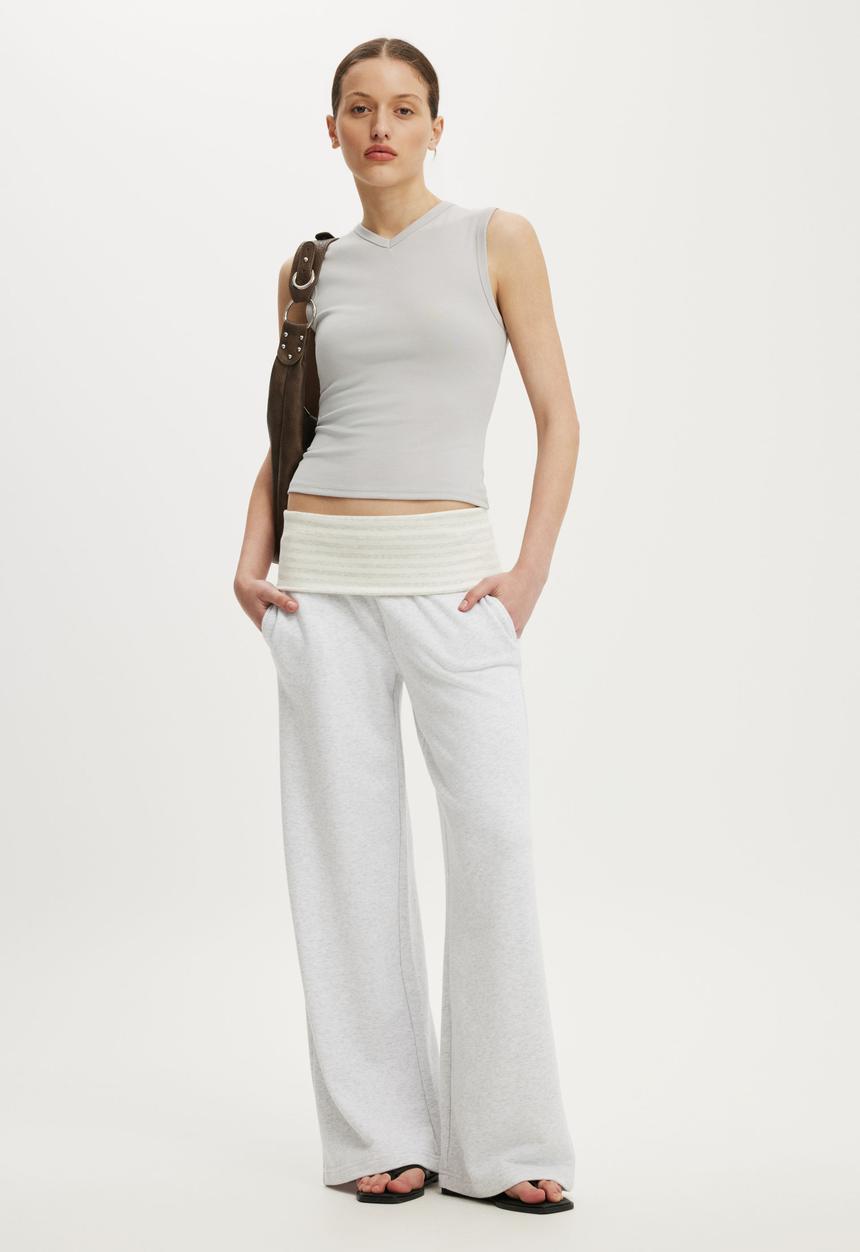 Cotton On - Fold Over Waistband Sweatpant - Light Grey Marle/Stripe