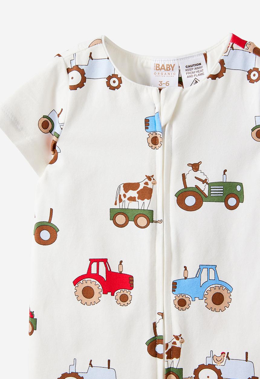Cotton On - The Short Sleeve Zip Romper - Vanilla/Farmer S Truck