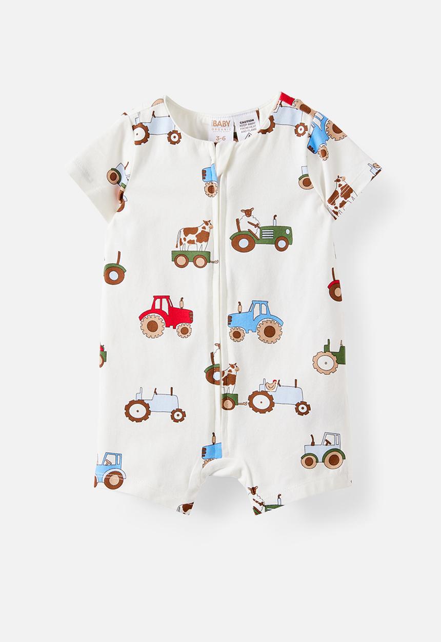 Cotton On - The Short Sleeve Zip Romper - Vanilla/Farmer S Truck
