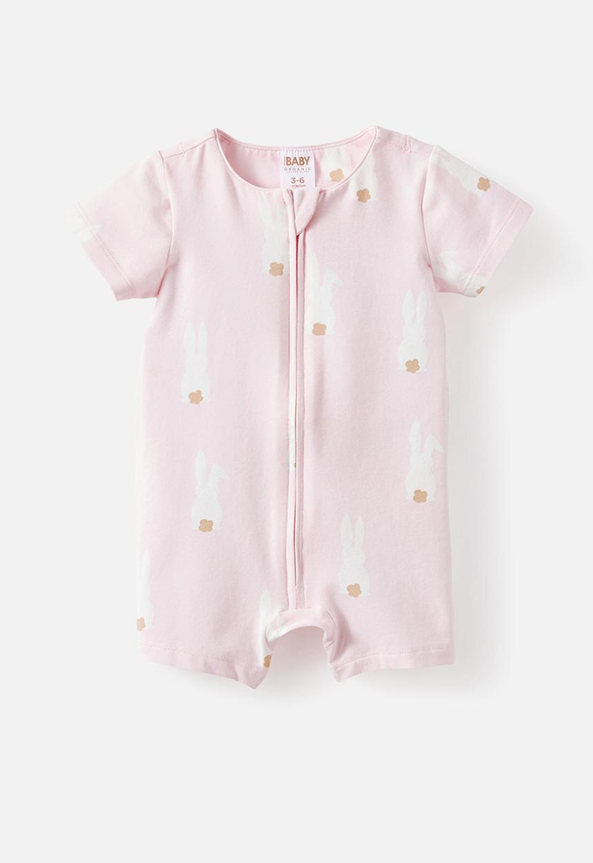 Cotton On - The Short Sleeve Zip Romper - Tea Party Pink/Bunny Tails