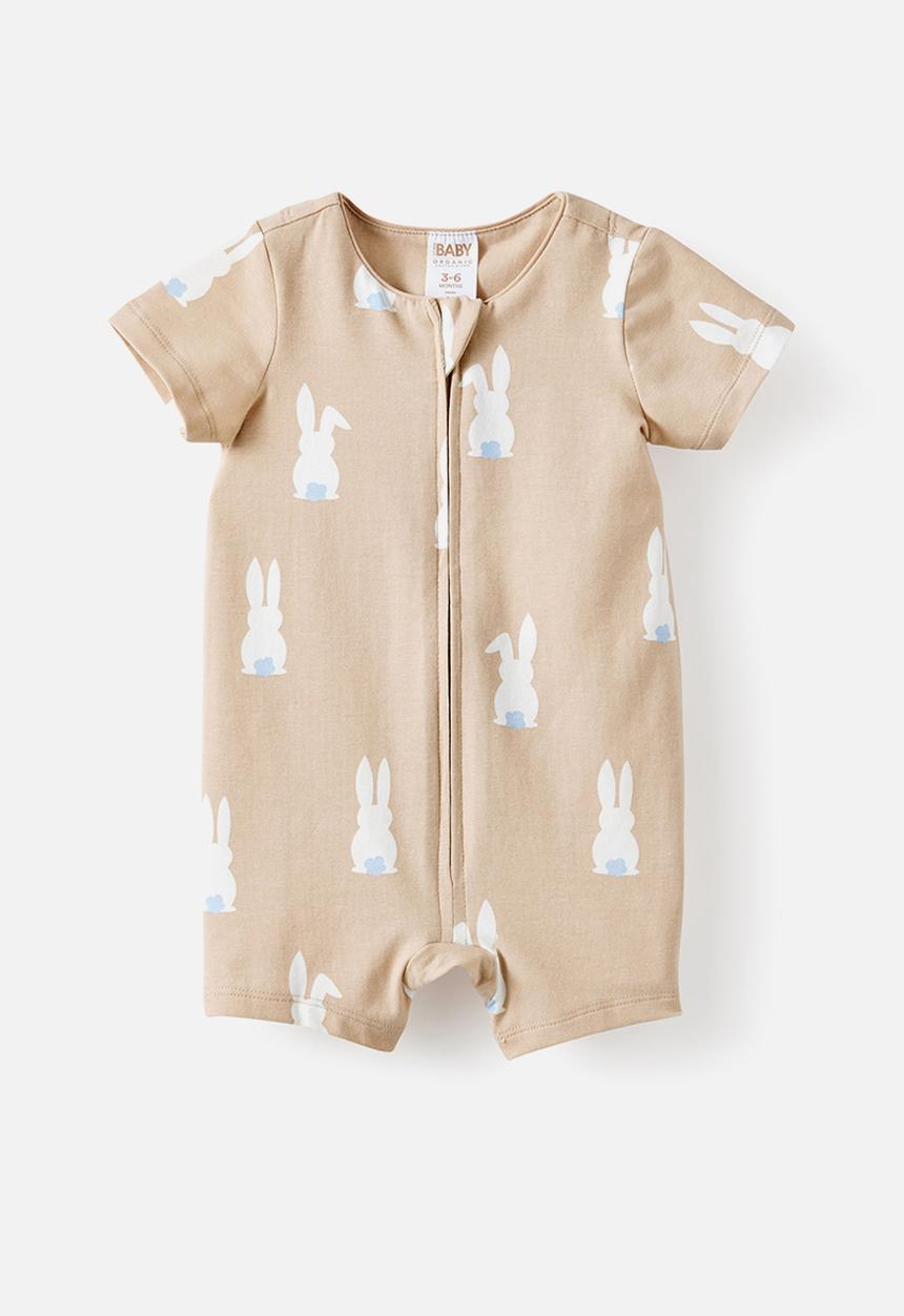 Cotton On - The Short Sleeve Zip Romper - Latte Cream/Bunny Tails