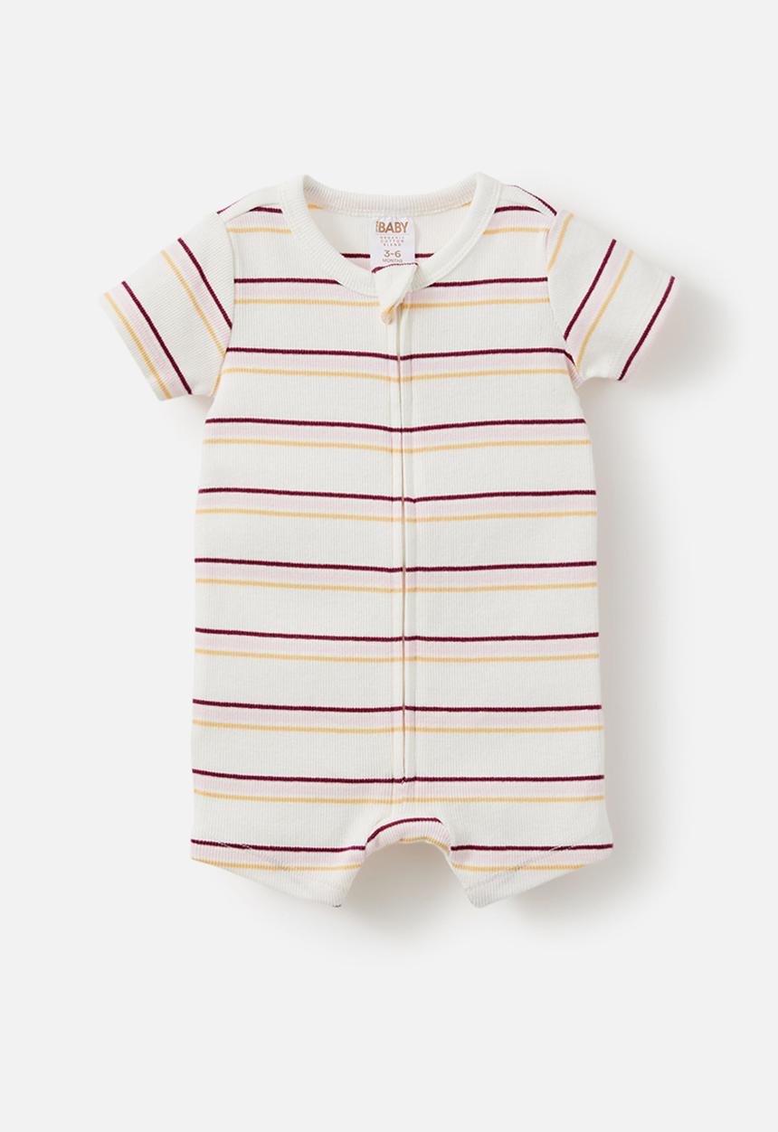 Cotton On - The Short Sleeve Zip Romper - Vanilla-Tea Party Pink/Max Stripe