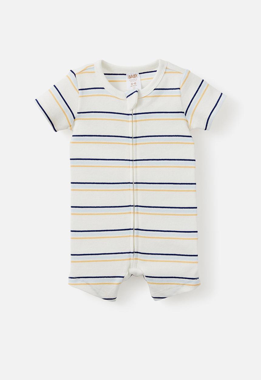 Cotton On - The Short Sleeve Zip Romper - Vanilla-Blue Whisper/Max Stripe