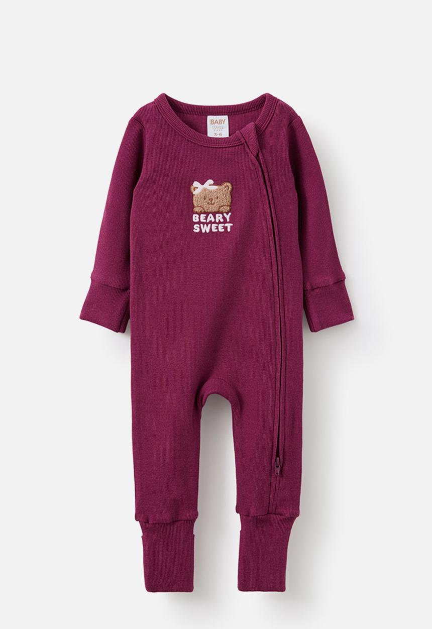 Cotton On - The Long Sleeve Zip Romper - Berry Jam/Beary Sweet