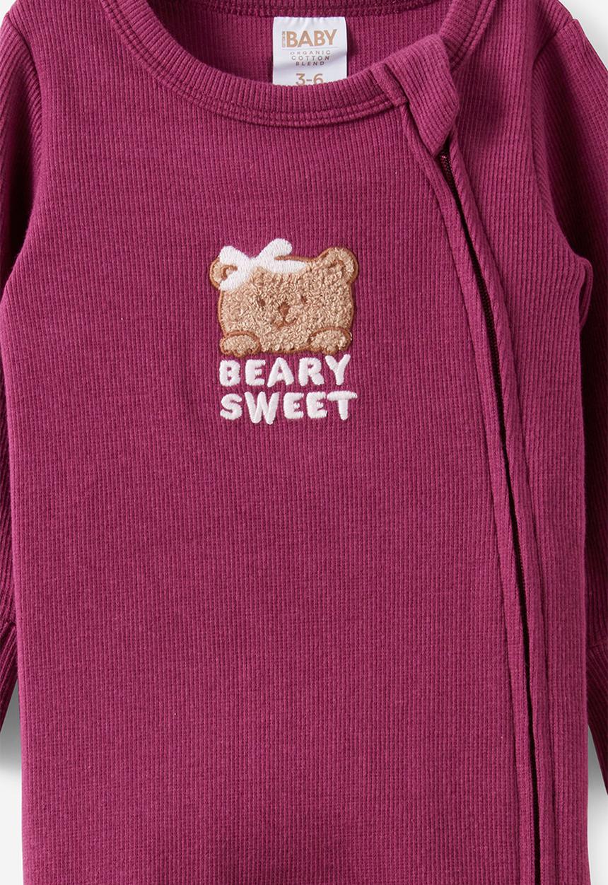 Cotton On - The Long Sleeve Zip Romper - Berry Jam/Beary Sweet