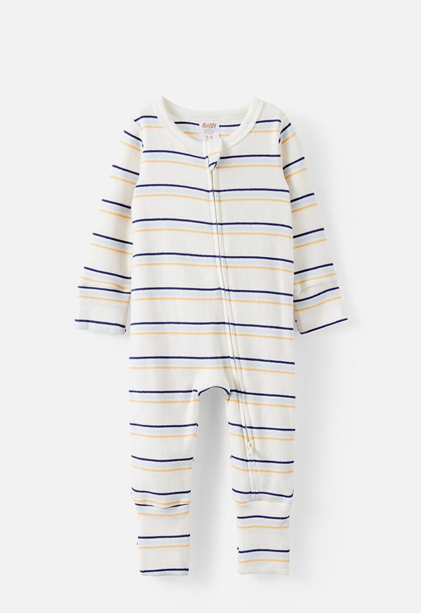 Cotton On - The Long Sleeve Zip Romper - Vanilla-Blue Whisper/Max Stripe