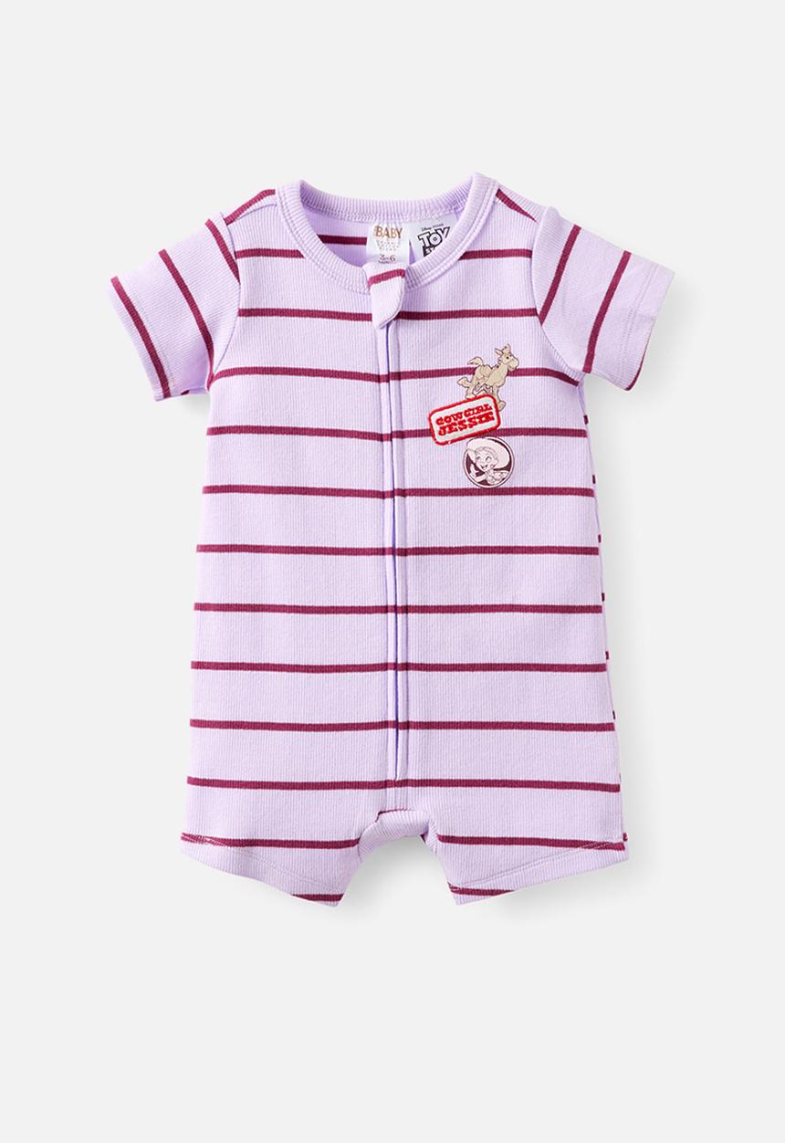 Cotton On - The Short Sleeve Zip Romper License - Lcn Dis Vintage Lilac/Jessie Stripe
