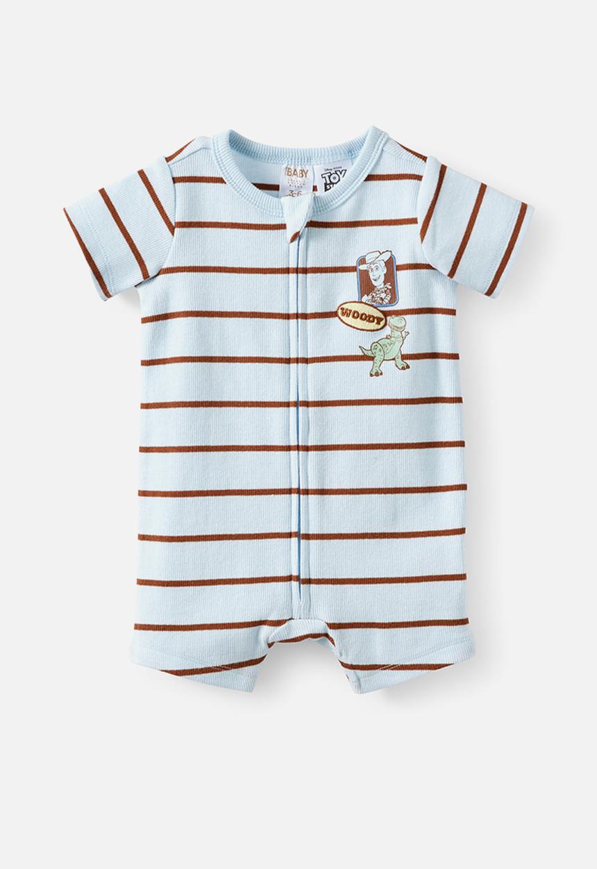 Cotton On - The Short Sleeve Zip Romper License - Lcn Dis Blue Whisper/Woody Stripe