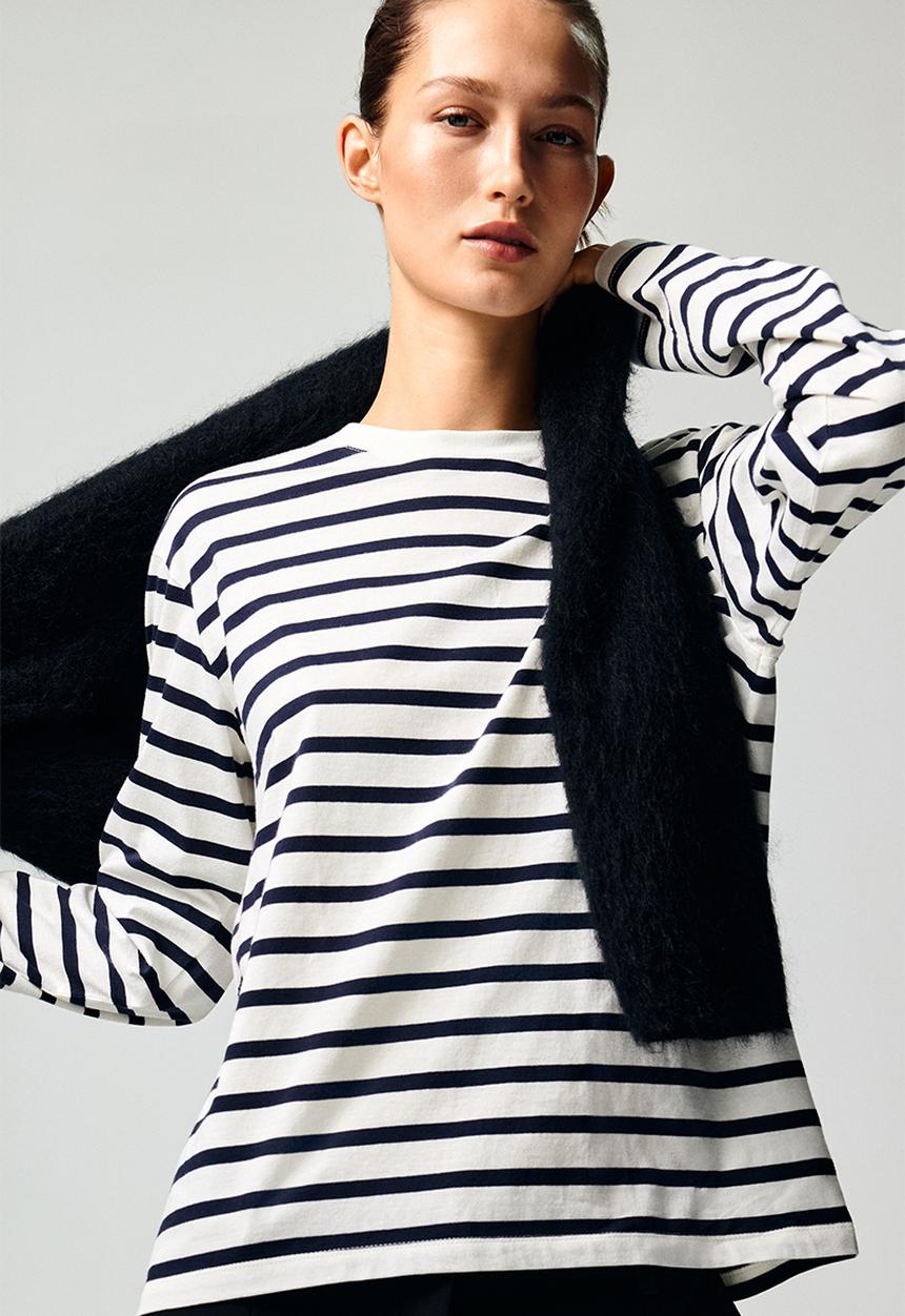 H&M - Long-sleeved cotton top - white/navy blue striped