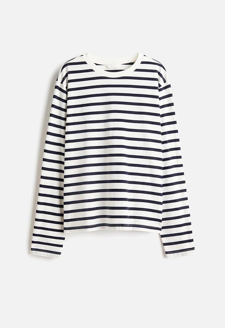 H&M - Long-sleeved cotton top - white/navy blue striped