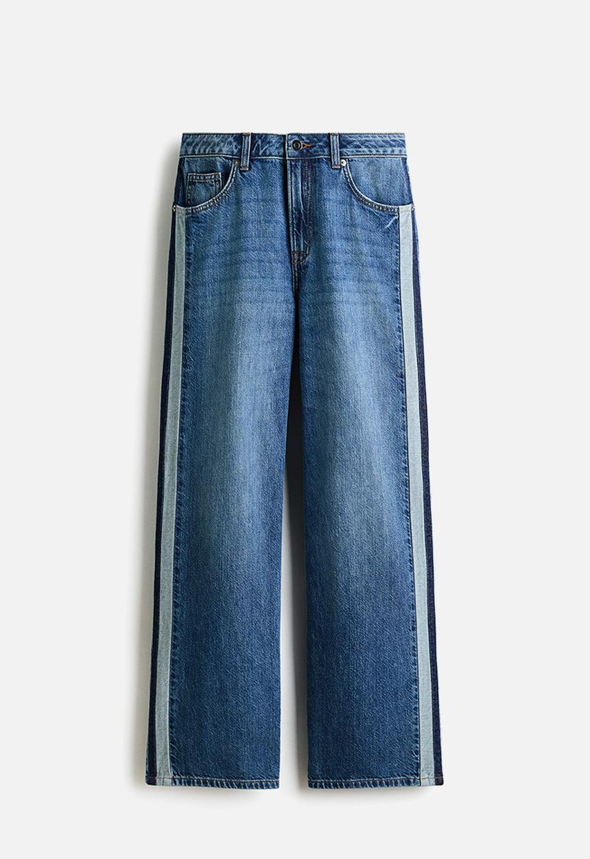 H&M - Wide regular side-striped jeans - denim blue/dark blue