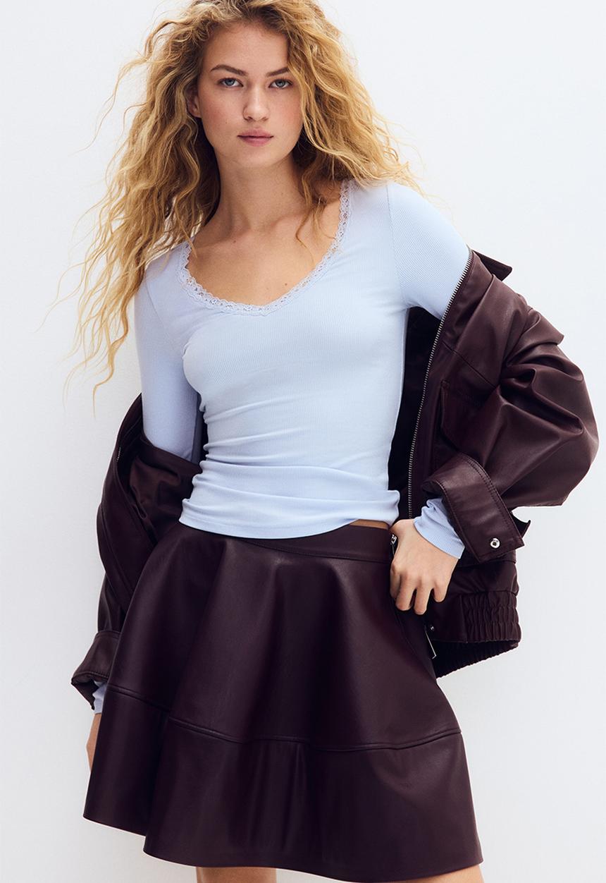 H&M - Lace-trimmed jersey top - light blue