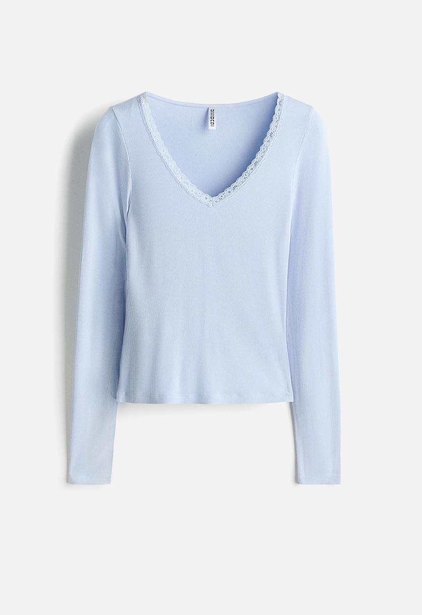 H&M - Lace-trimmed jersey top - light blue