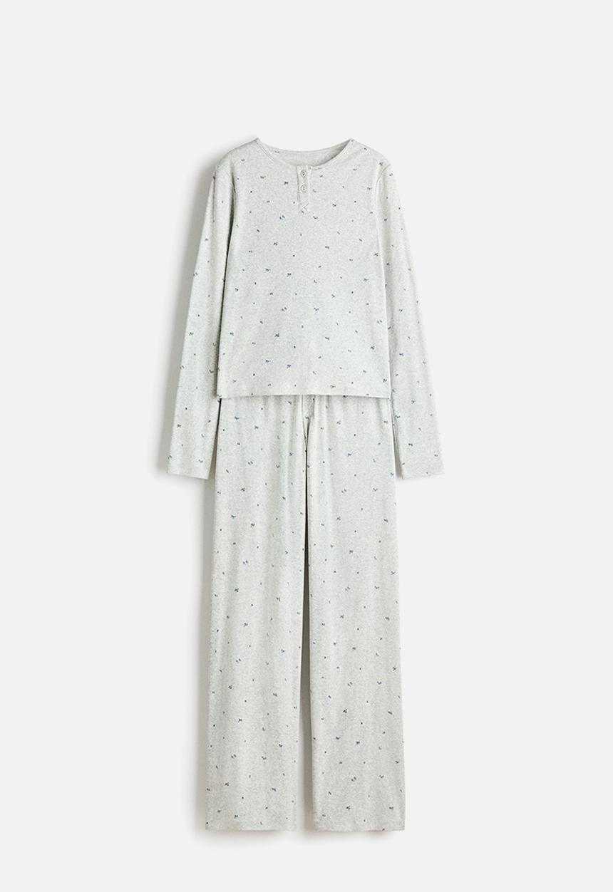 H&M - Pointelle-knit pyjamas - light grey marl/floral