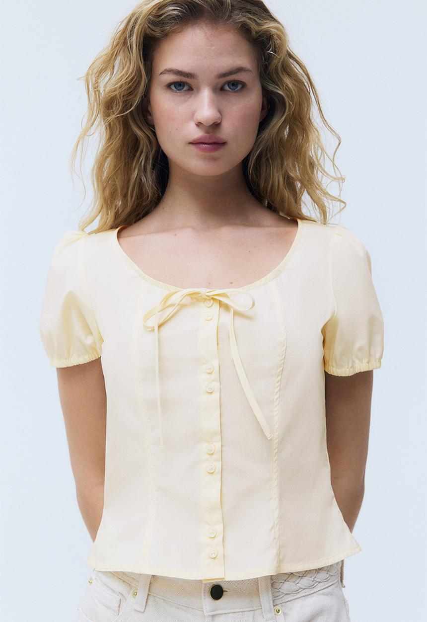 H&M - Puff-sleeved poplin blouse - light yellow