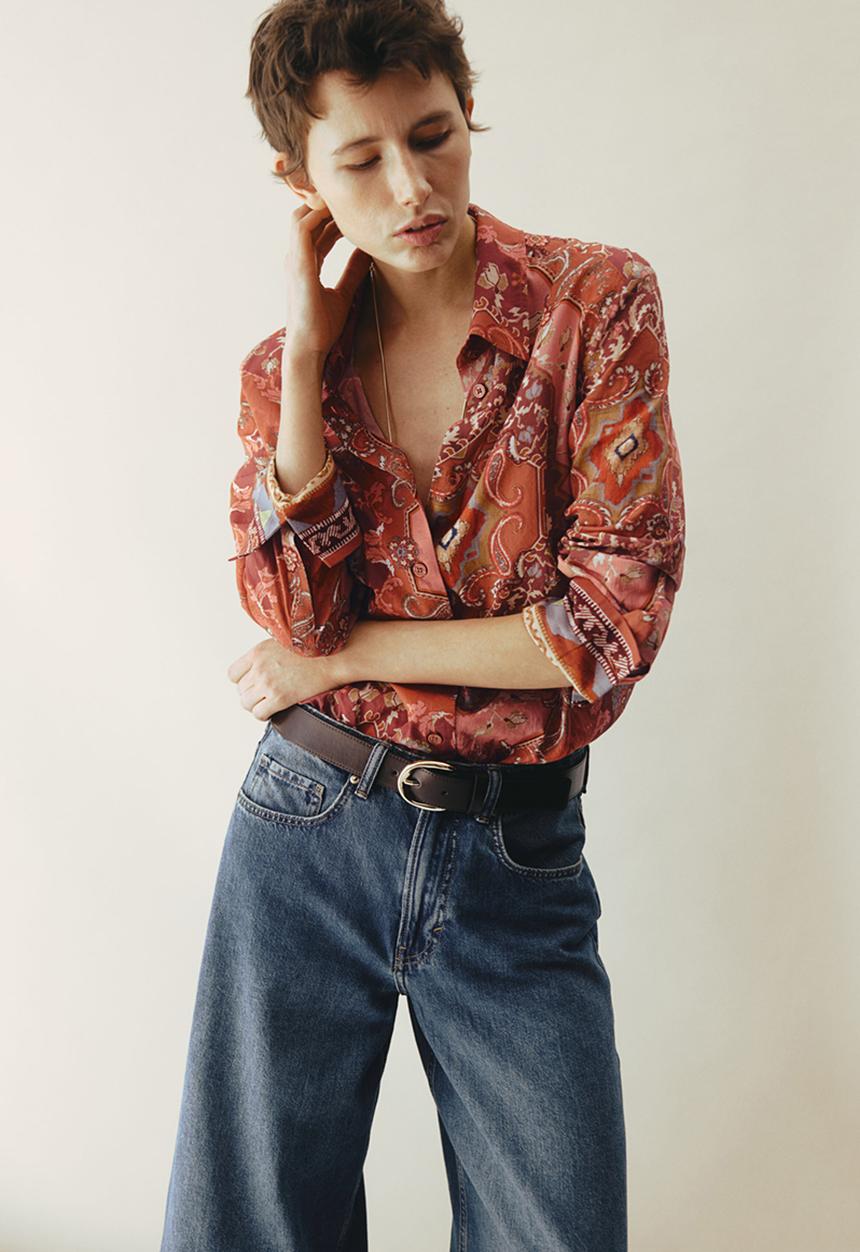 H&M - Printed cotton shirt - dusty red/patterned