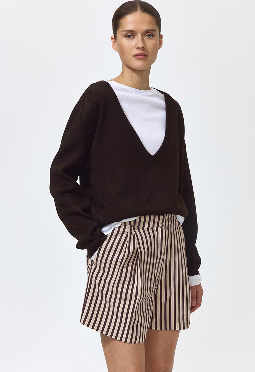 H&M - Tailored linen-blend shorts - dark brown/striped