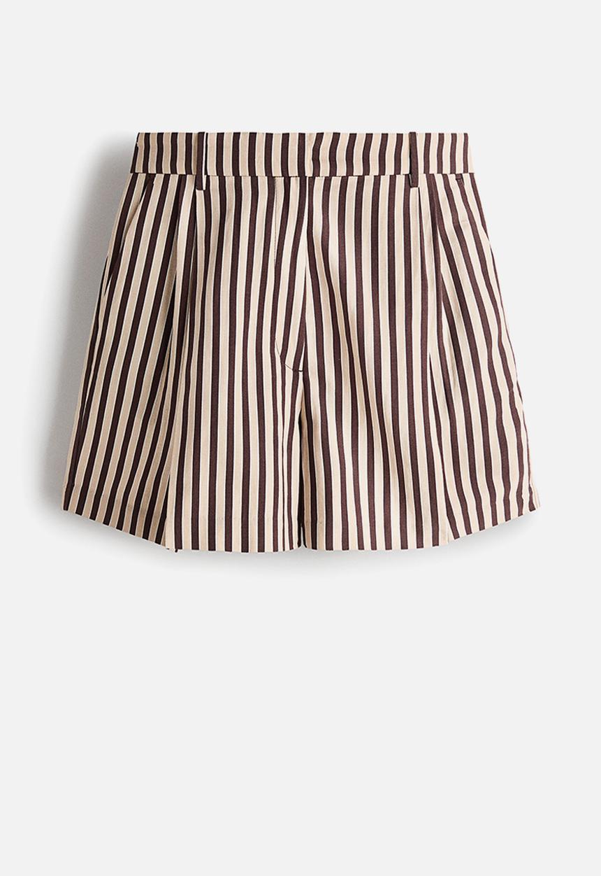 H&M - Tailored linen-blend shorts - dark brown/striped