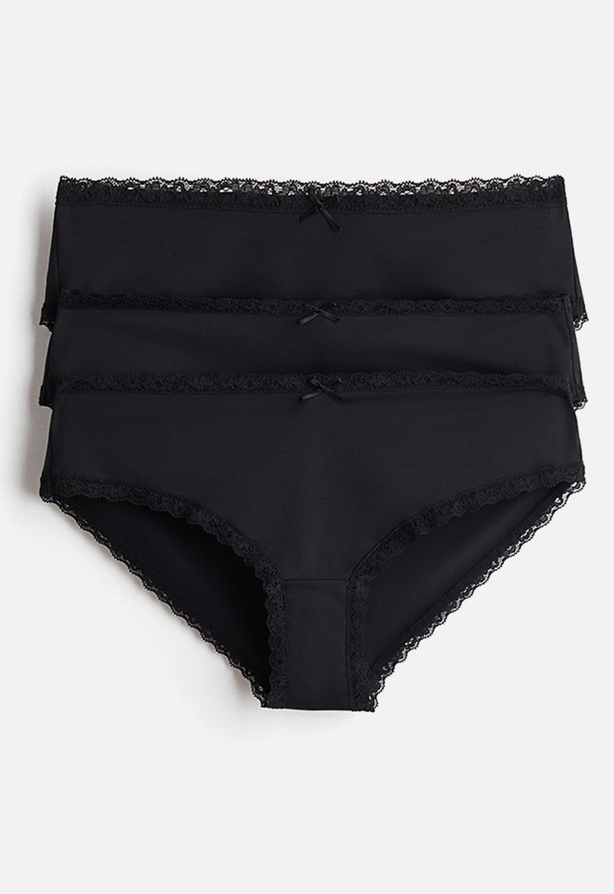 H&M - 3-Pack lace-trimmed hipster briefs - black