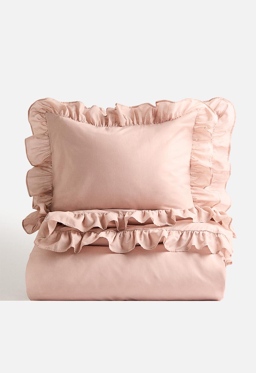 H&M - Flounced double/king duvet cover set - light dusty pink