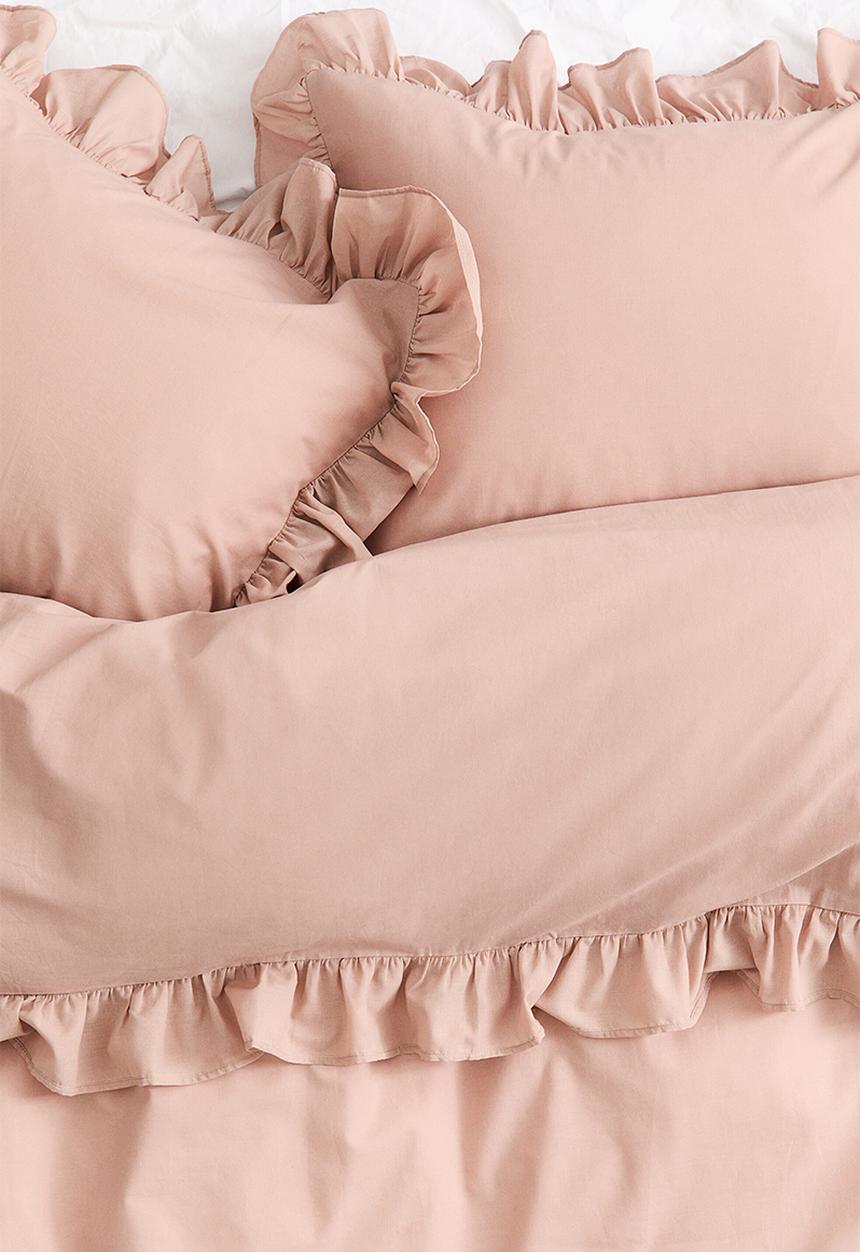 H&M - Flounced double/king duvet cover set - light dusty pink