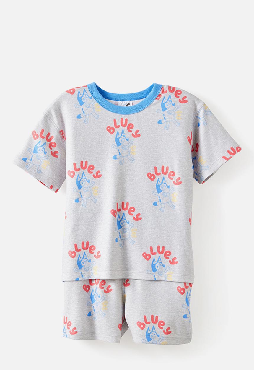 Cotton On - Snoozesoft Short Sleeve Boxer Pj Set License - Lcn Blu Grey Marle/Bluey Lets Do This