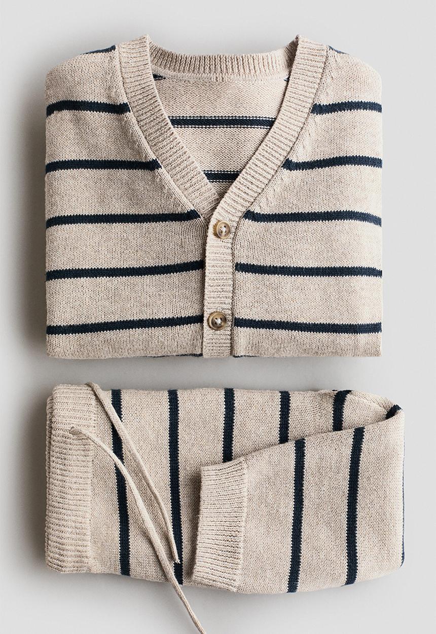 H&M - 2-Piece fine-knit cotton set - beige/blue striped