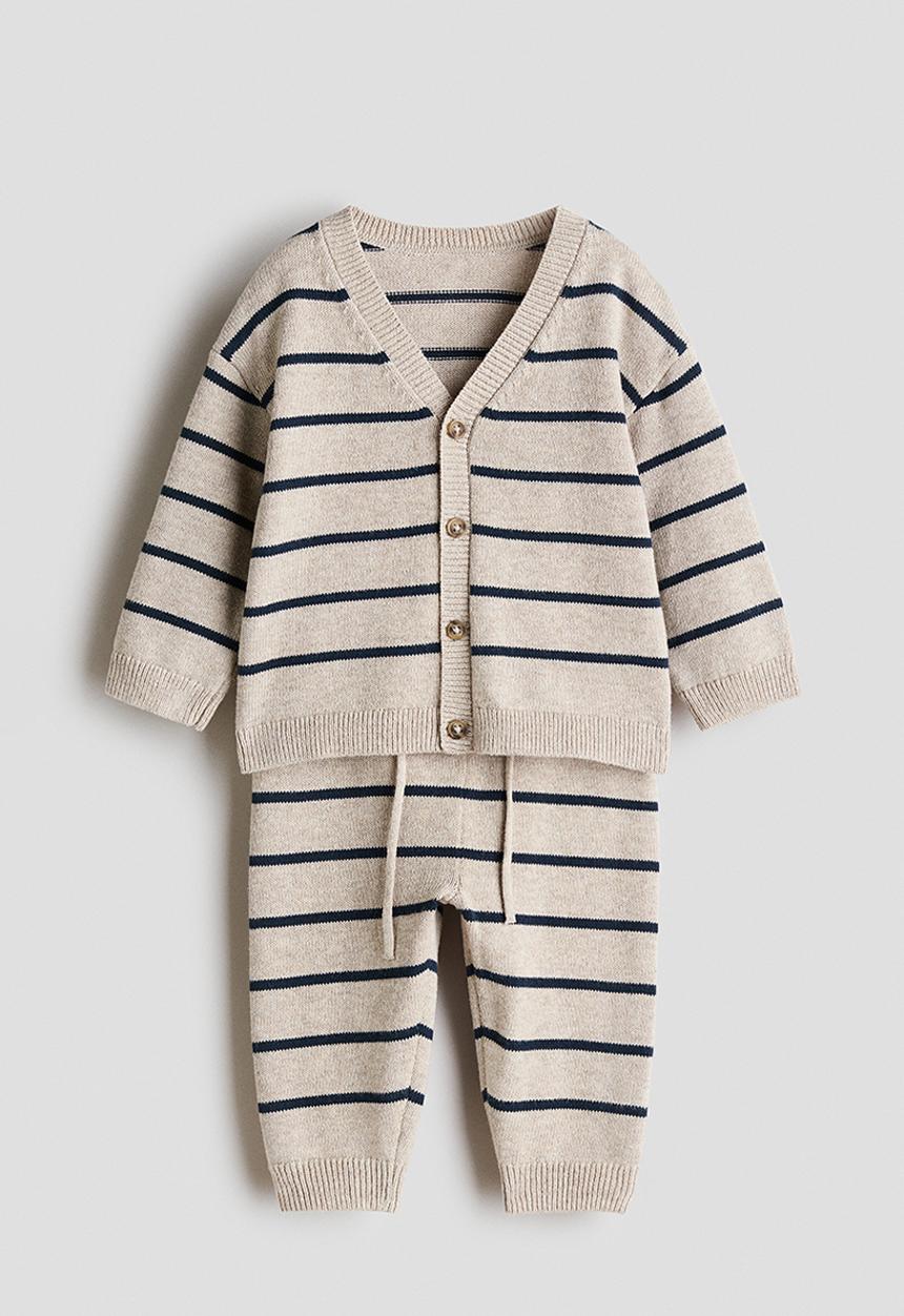H&M - 2-Piece fine-knit cotton set - beige/blue striped