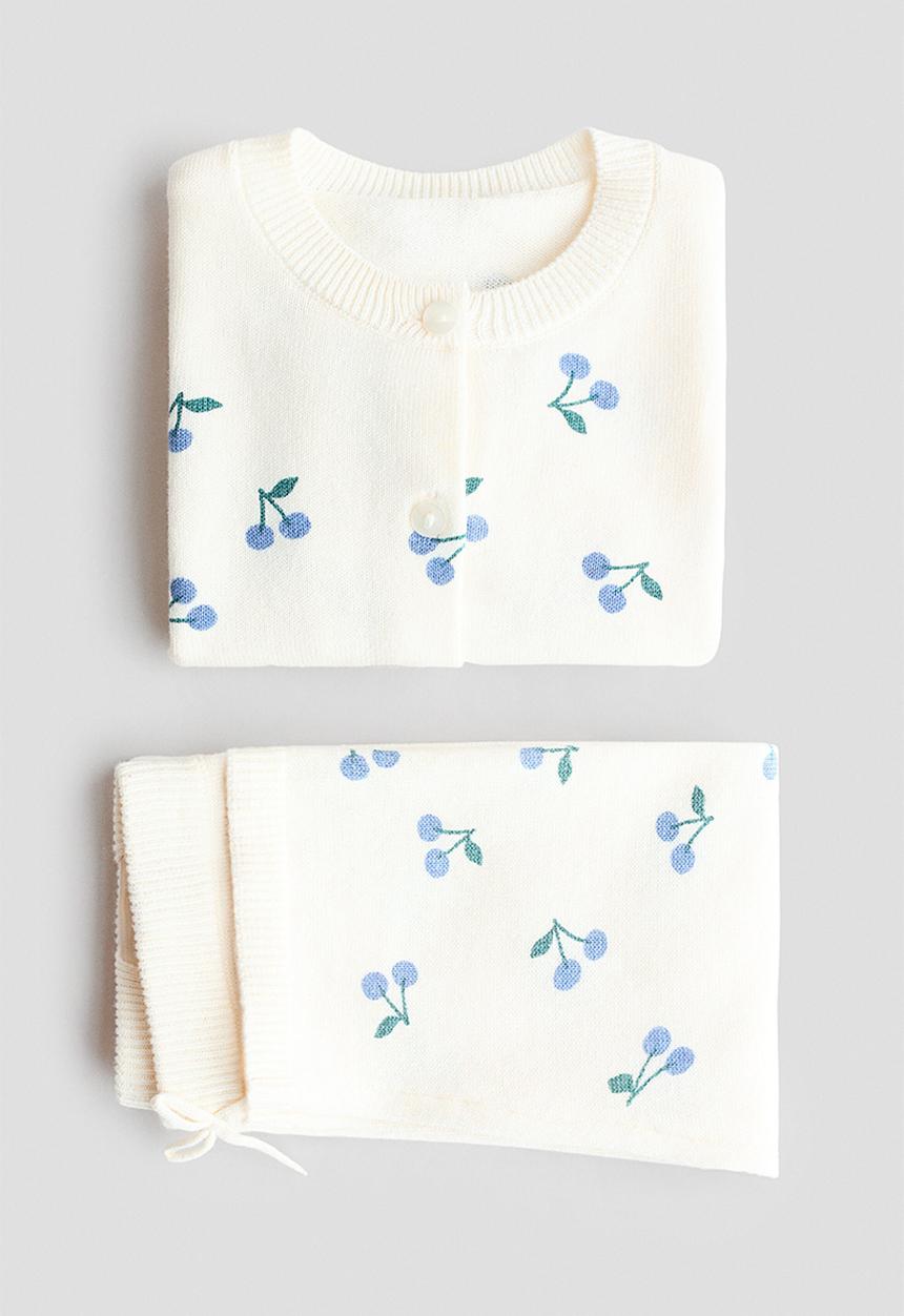 H&M - 2-Piece fine-knit cotton set - cream/cherries
