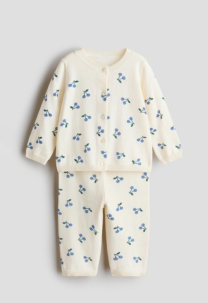 H&M - 2-Piece fine-knit cotton set - cream/cherries
