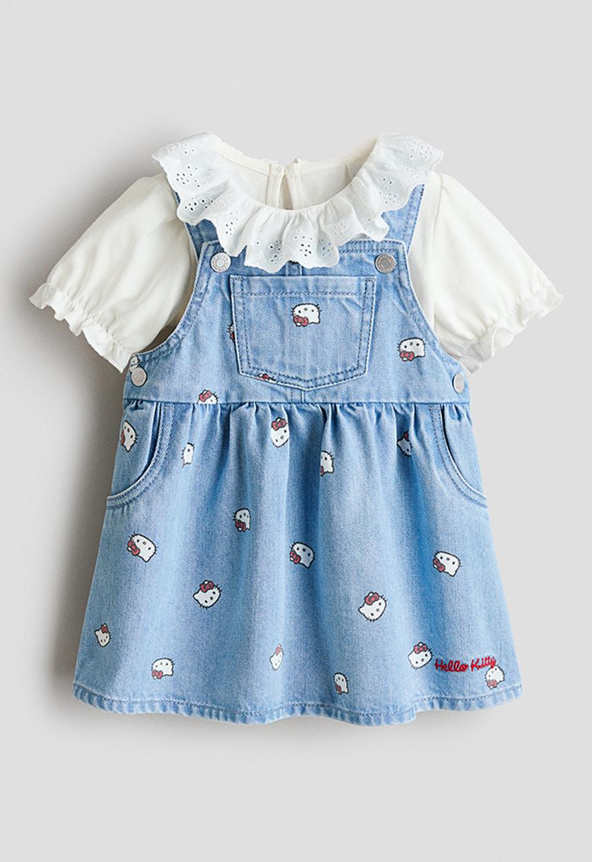 H&M - 2-Piece dungaree dress and top set - light denim blue/hello kitty