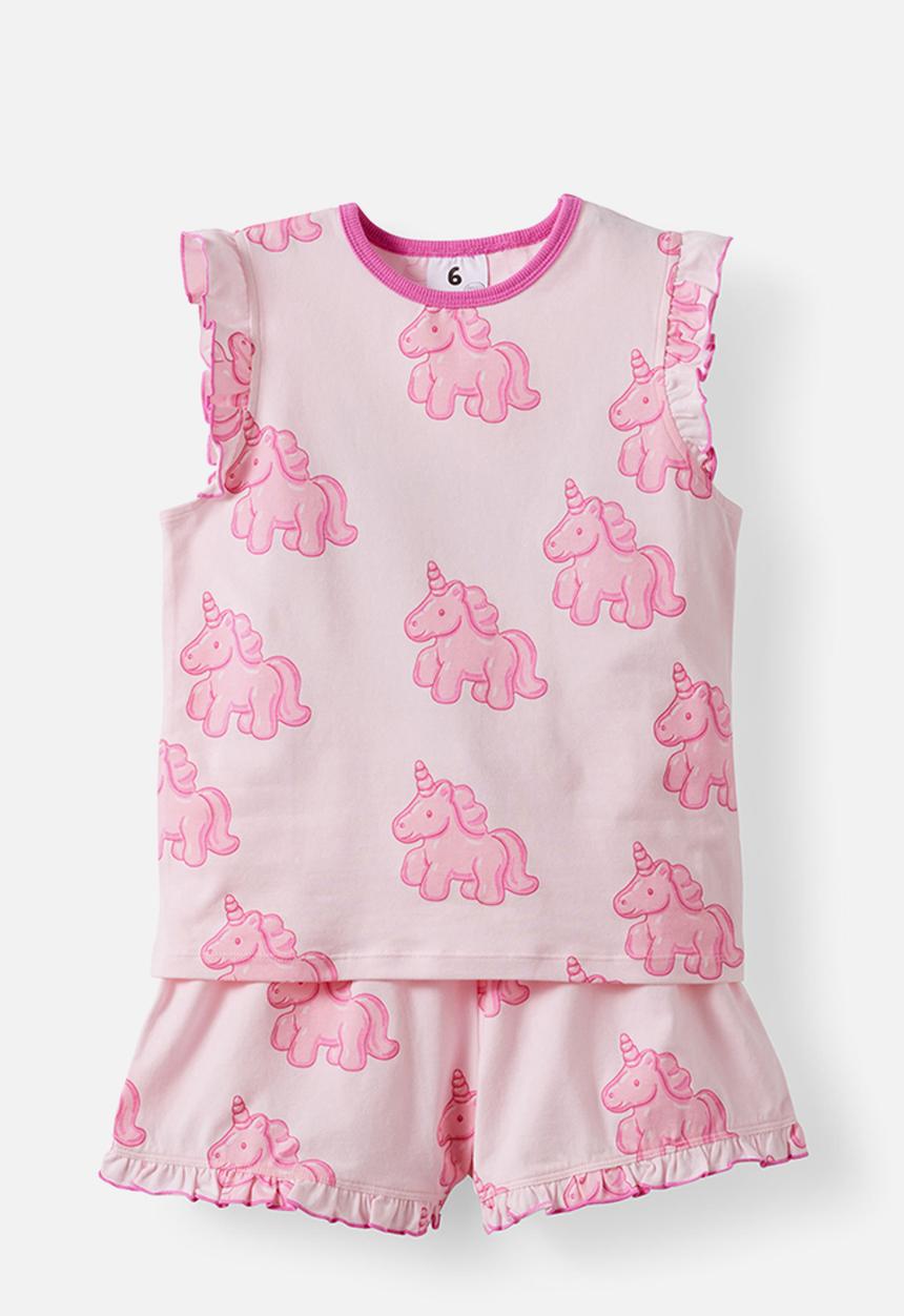 Cotton On - Dreamdrift Flutter Short Sleeve Pj Set - Tea Party Pink/Gummy Unicorn Glow