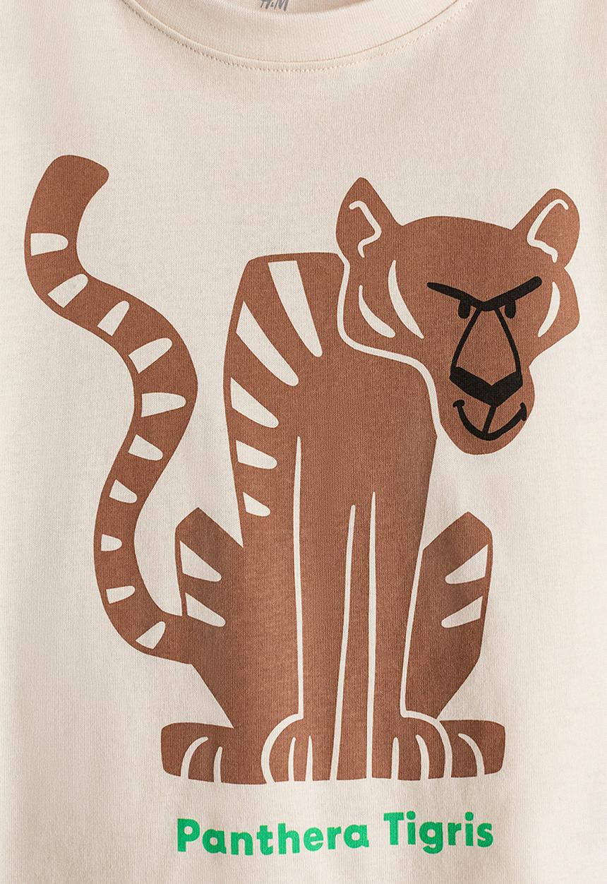 H&M - Printed cotton T-shirt - light beige/tiger