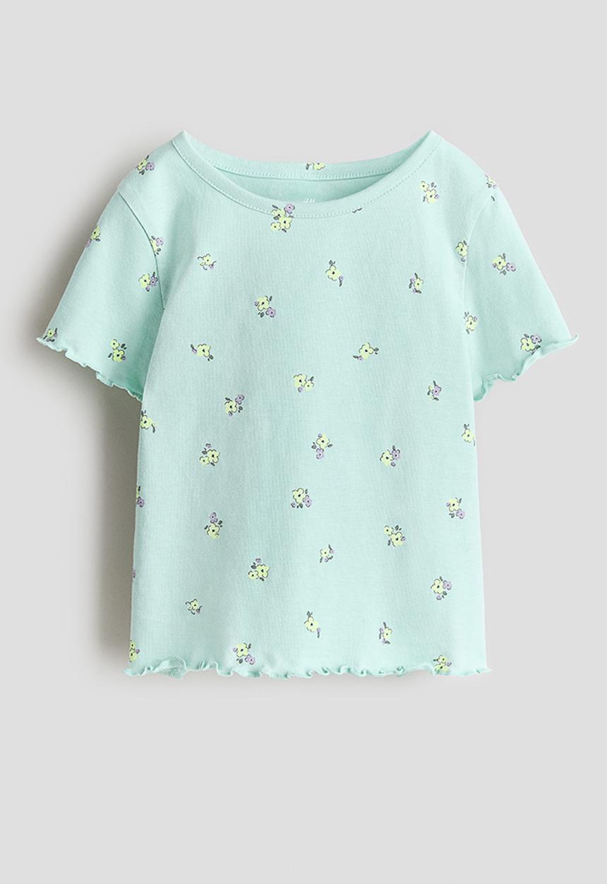H&M - Overlock-detail cotton top - mint green/floral