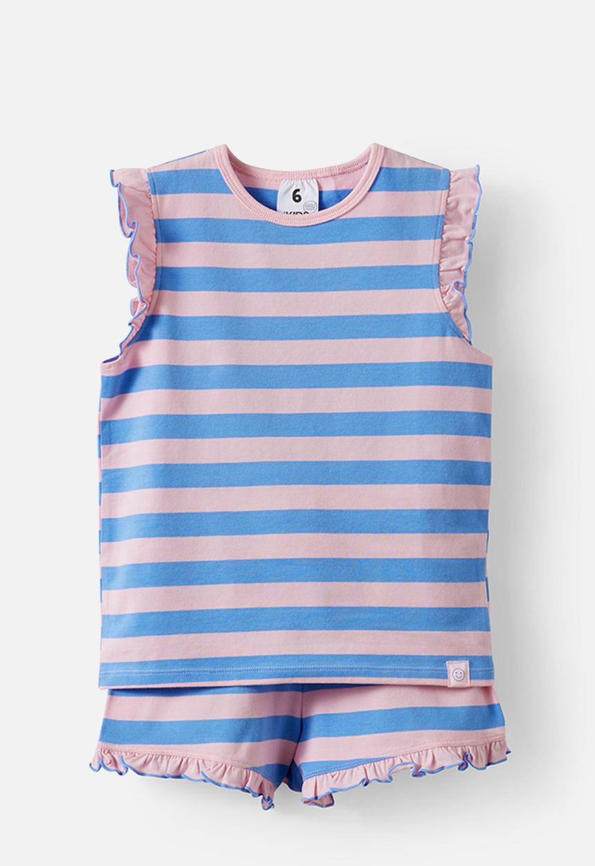 Cotton On - Dreamdrift Flutter Short Sleeve Pj Set - Bobbi Stripe Blush Pink/Blue Bonnet