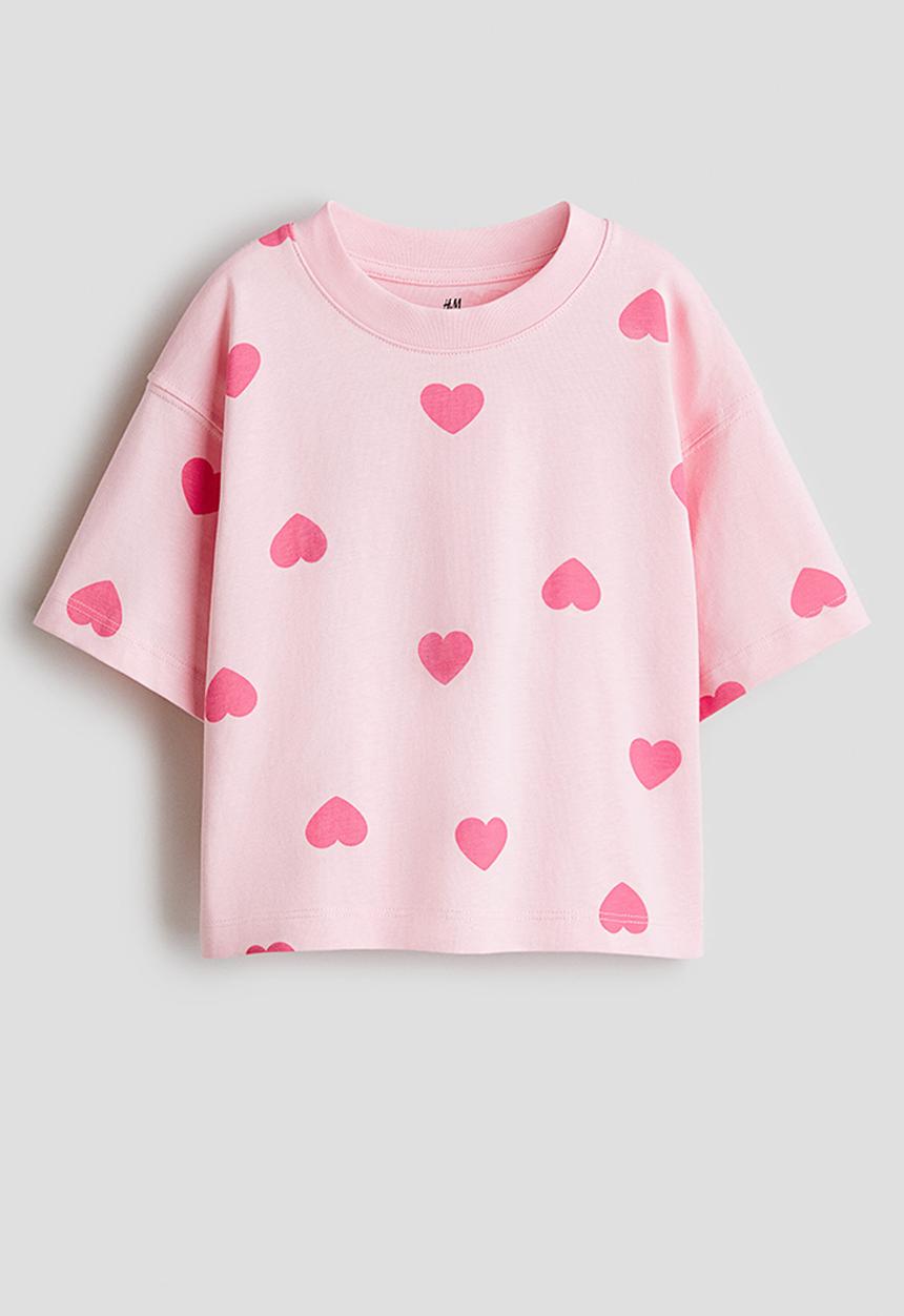 H&M - Boxy cotton t-shirt - light pink/hearts