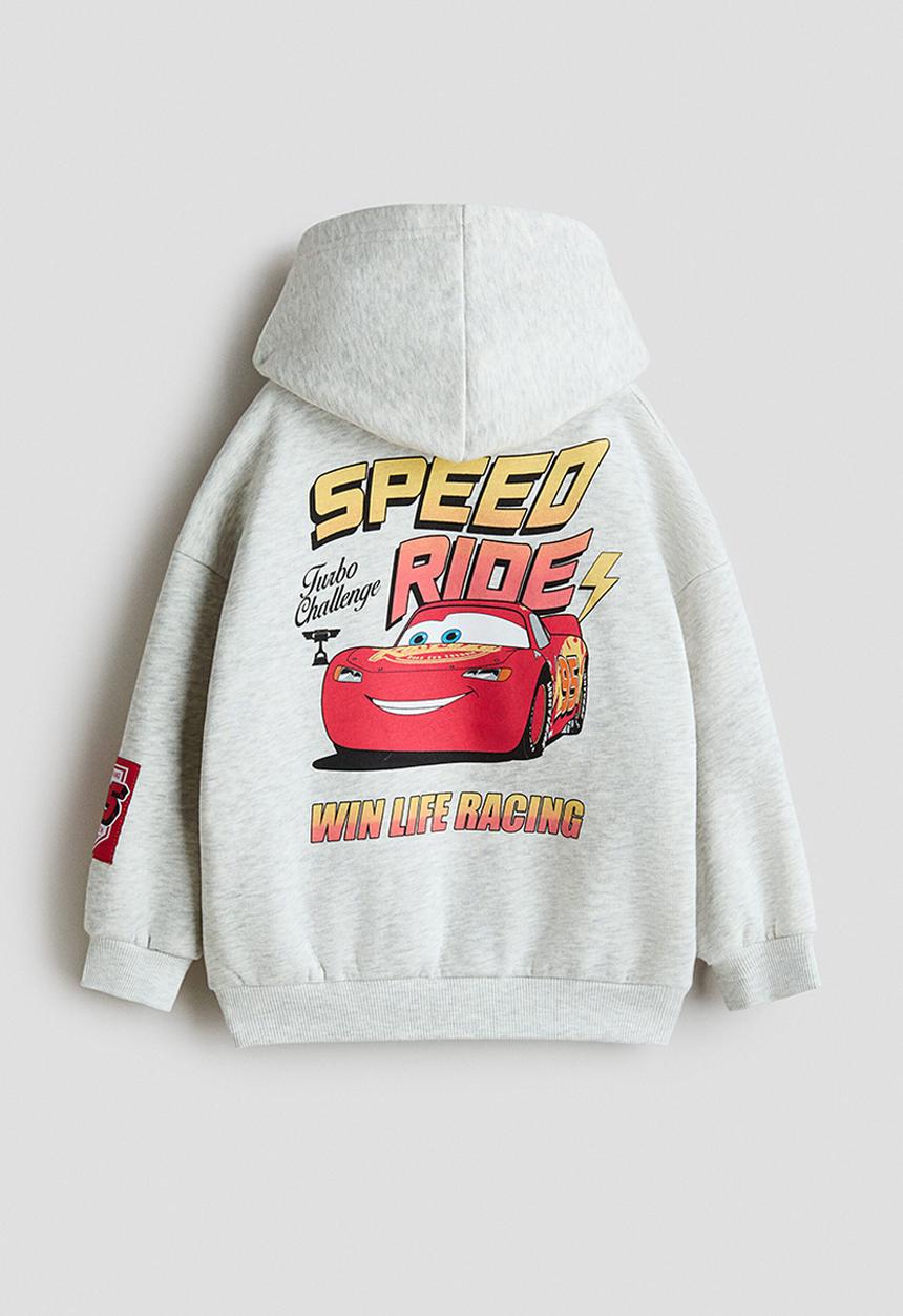 H&M - Loose-fit printed hoodie - light grey marl/cars