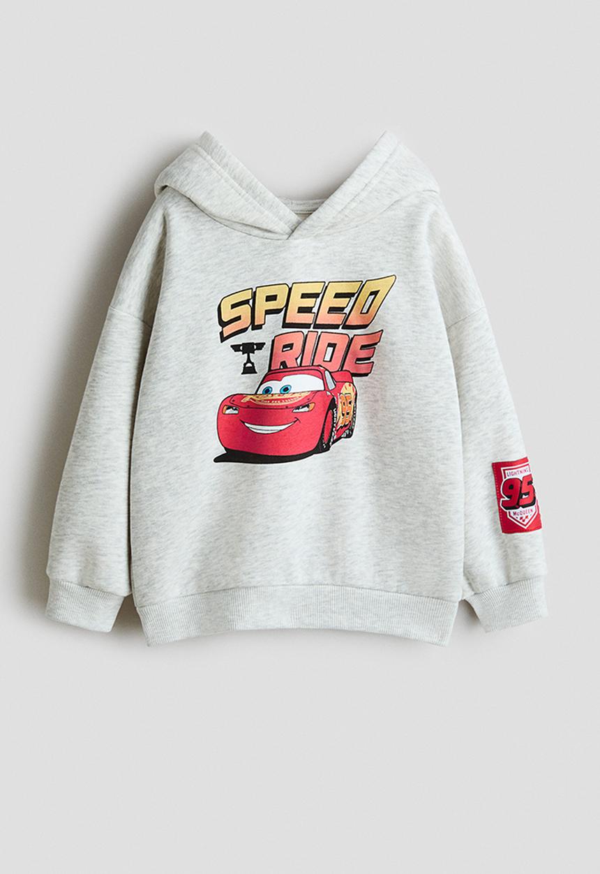 H&M - Loose-fit printed hoodie - light grey marl/cars