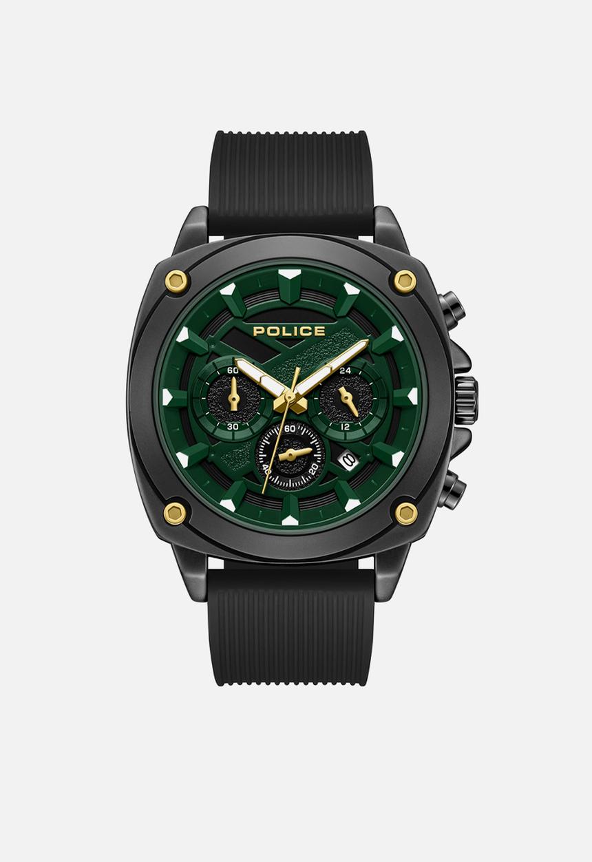 Police - Ip Black Case Green Dial Silicone Strap - Black